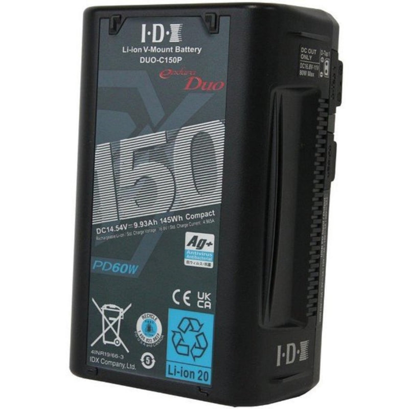 IDX Batterie Li-Ion V-mount 14.5V 145Wh avec Digital Data, V-Torch, 1 x D Tap Adv., 1 x D-Tap + USB PD In/ Out DUO-C150P